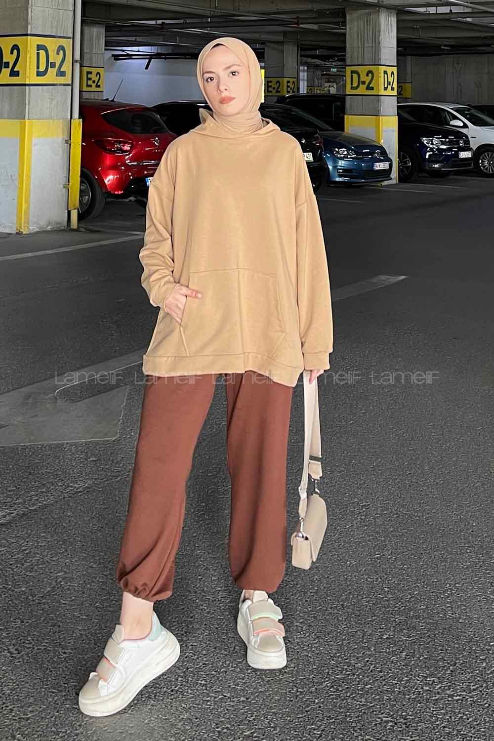 Brown With Milk Hood Neck Long Arm Unprinted Sweatshirt