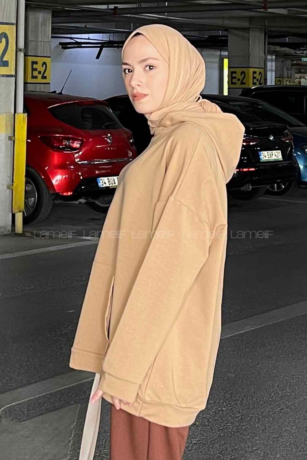 Brown With Milk Hood Neck Long Arm Unprinted Sweatshirt