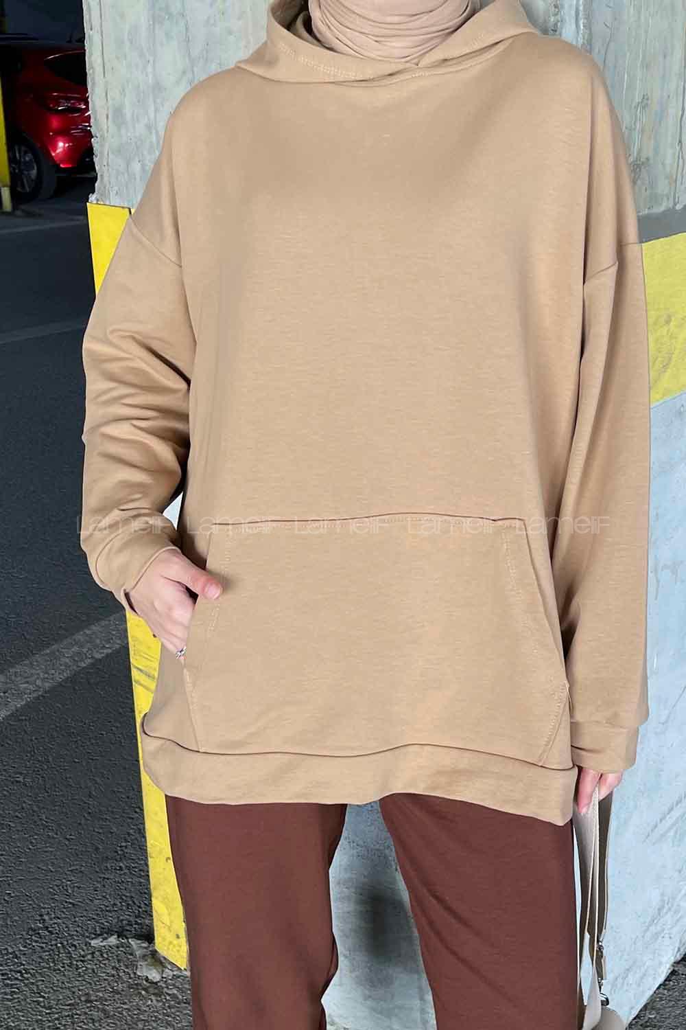 Brown With Milk Hood Neck Long Arm Unprinted Sweatshirt