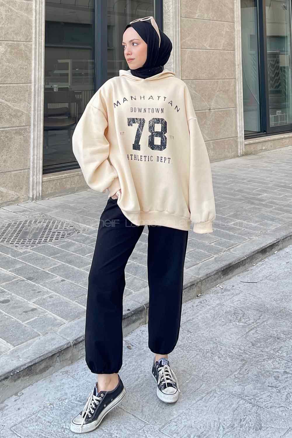 Cream Hood Neck Printed Sweatshirt