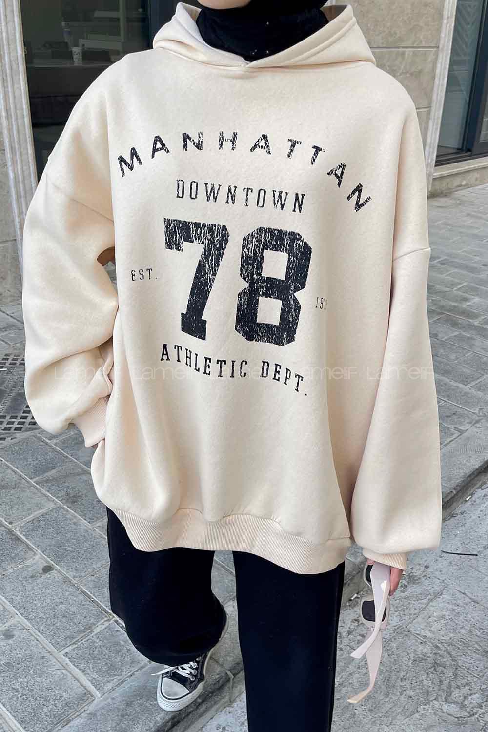 Cream Hood Neck Printed Sweatshirt
