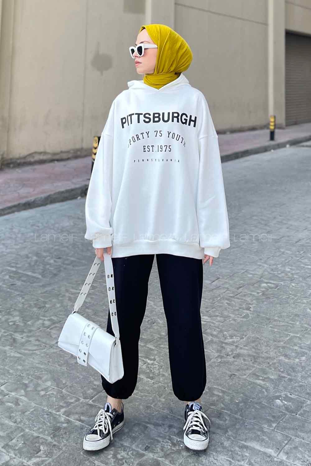 White Hood Neck Printed Sweatshirt