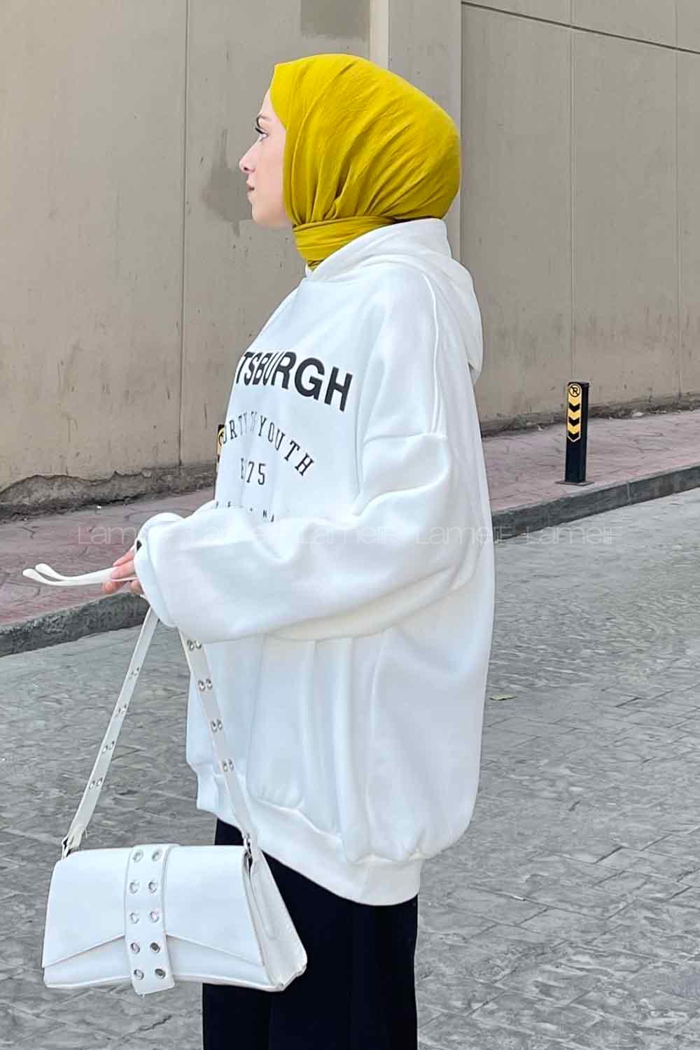 White Hood Neck Printed Sweatshirt