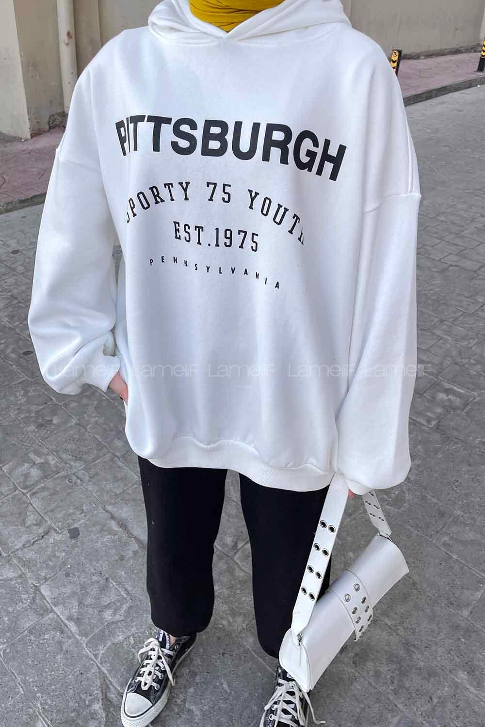 White Hood Neck Printed Sweatshirt