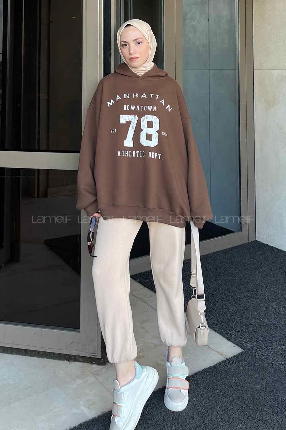 Bitter Brown Hood Neck Printed Sweatshirt