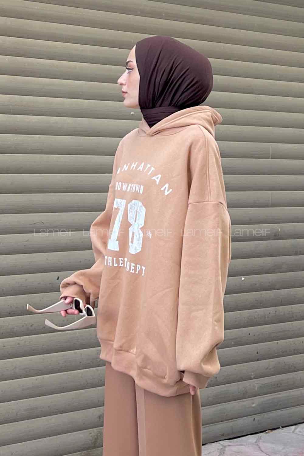 Brown With Milk Hood Neck Printed Sweatshirt