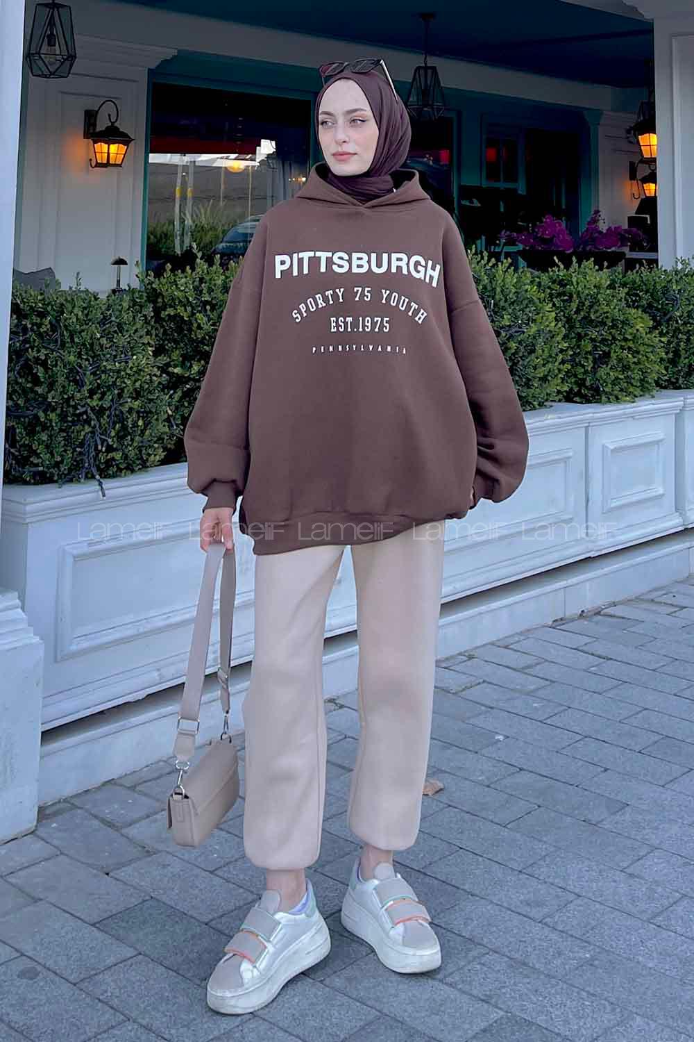 Bitter Brown Hood Neck Printed Sweatshirt