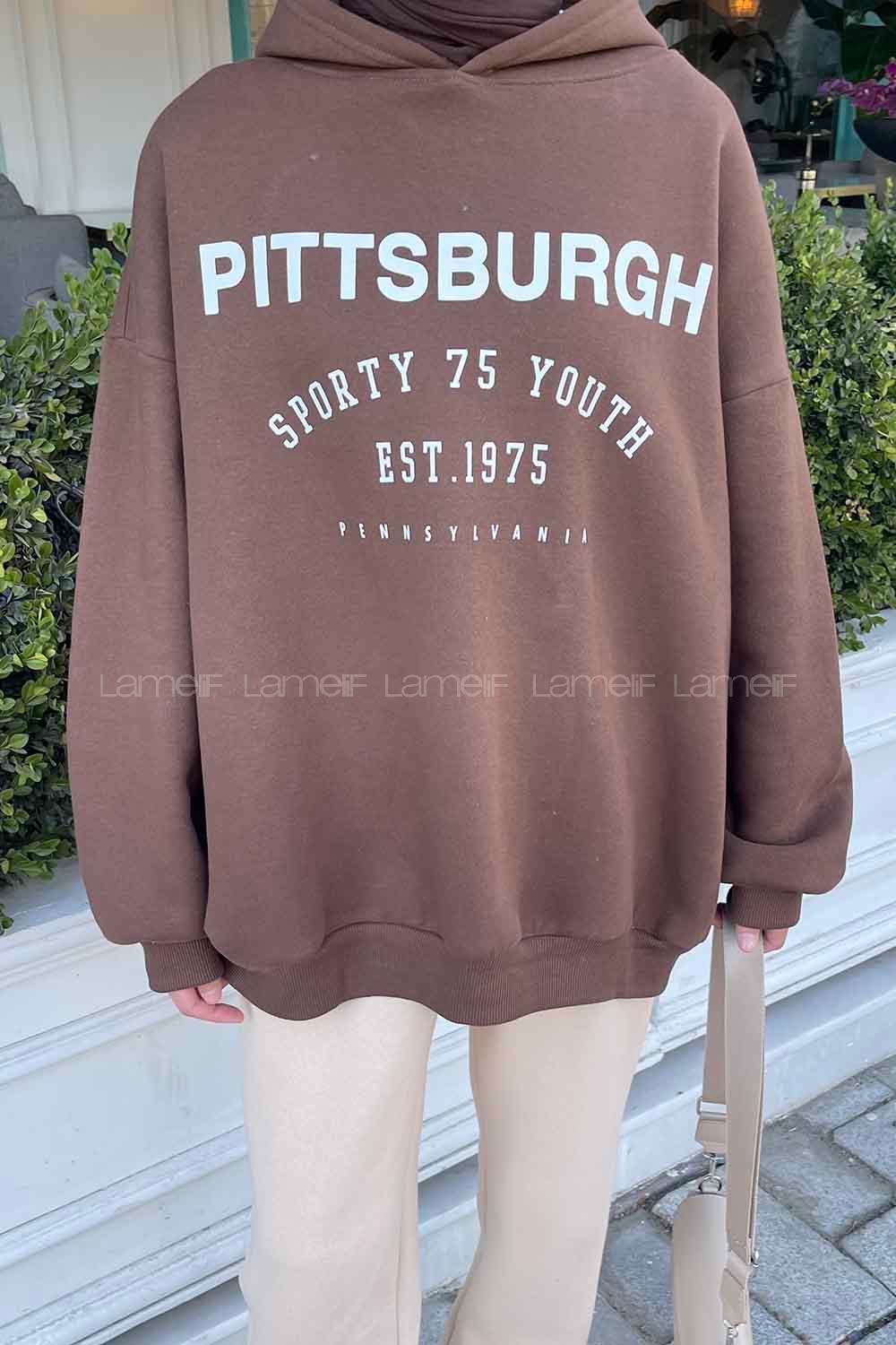 Bitter Brown Hood Neck Printed Sweatshirt