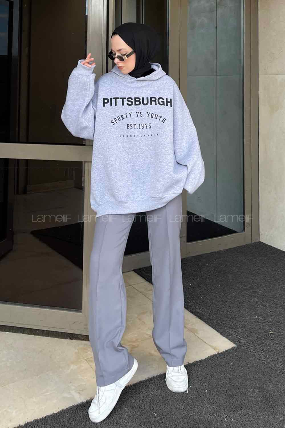 Lamelif Pıttsburgh Baskılı Sweatshirt Gri