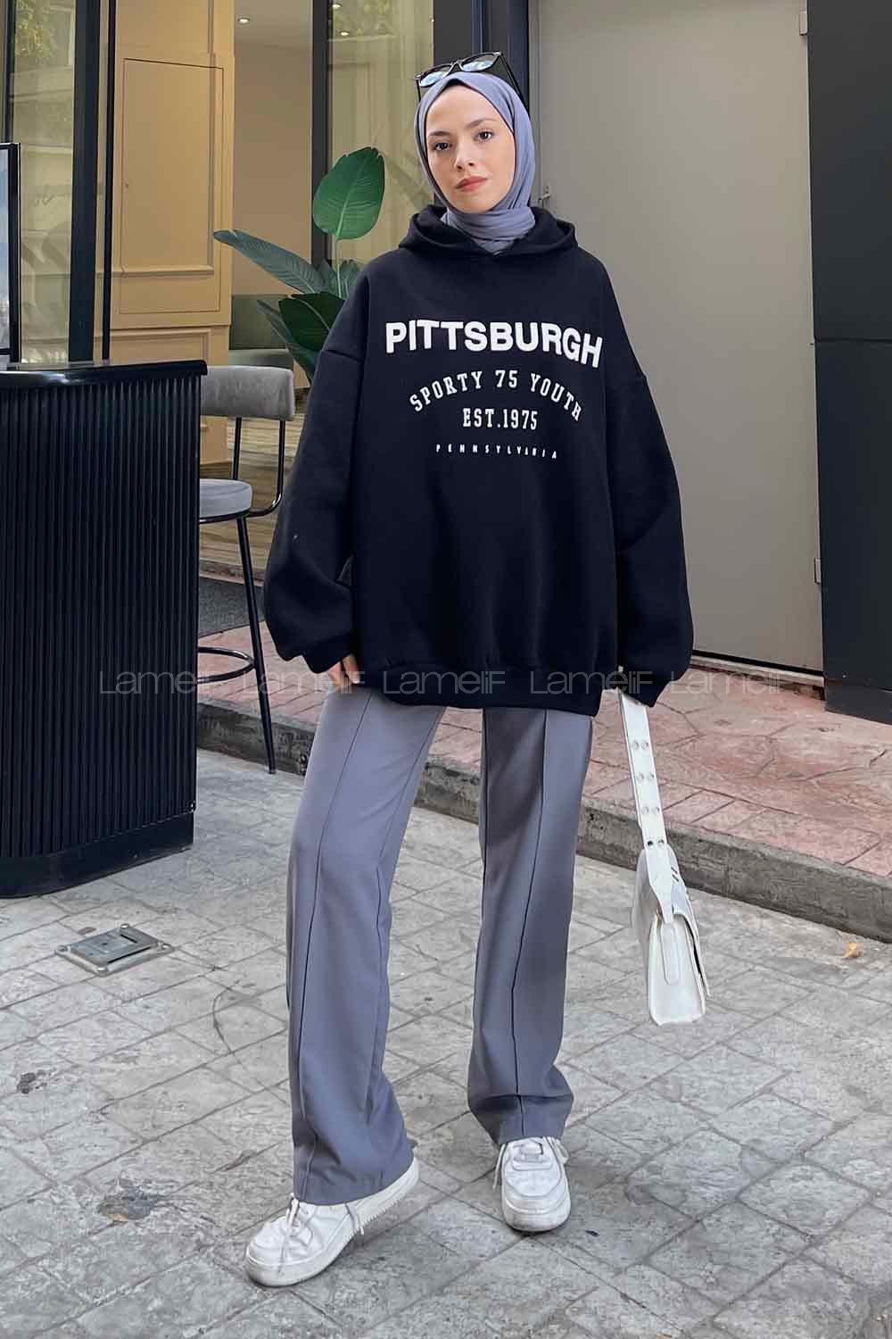 Black Hood Neck Printed Sweatshirt