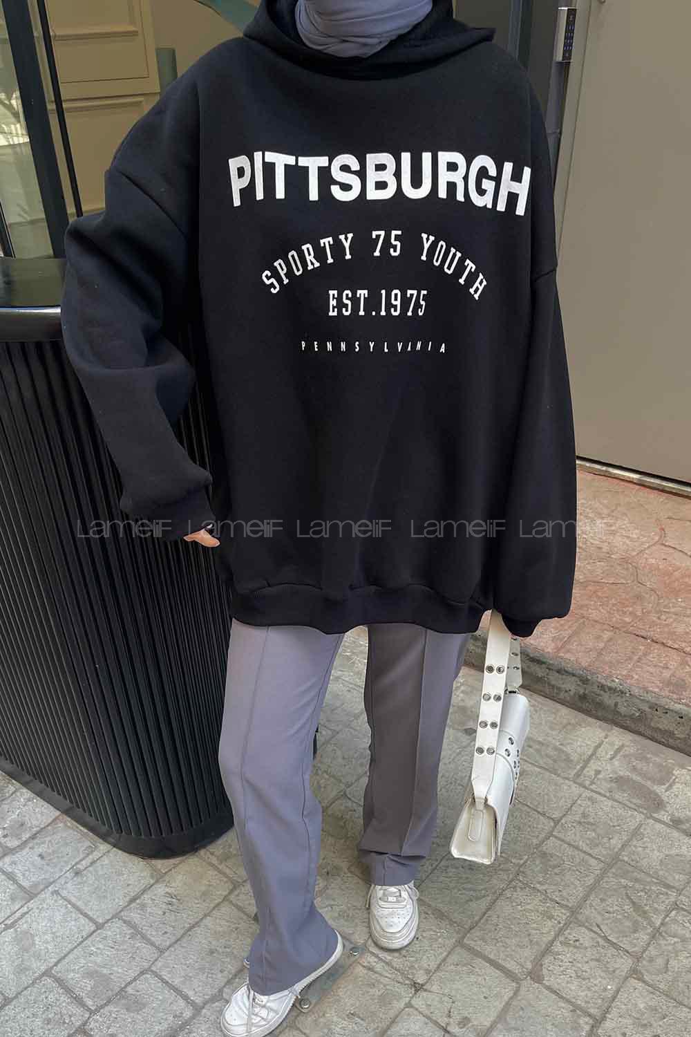 Black Hood Neck Printed Sweatshirt