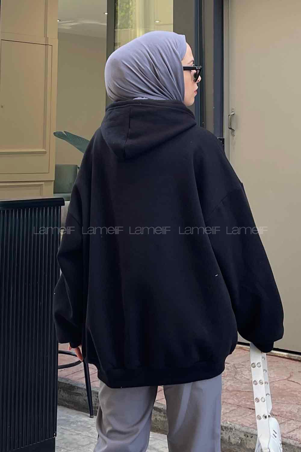 Black Hood Neck Printed Sweatshirt