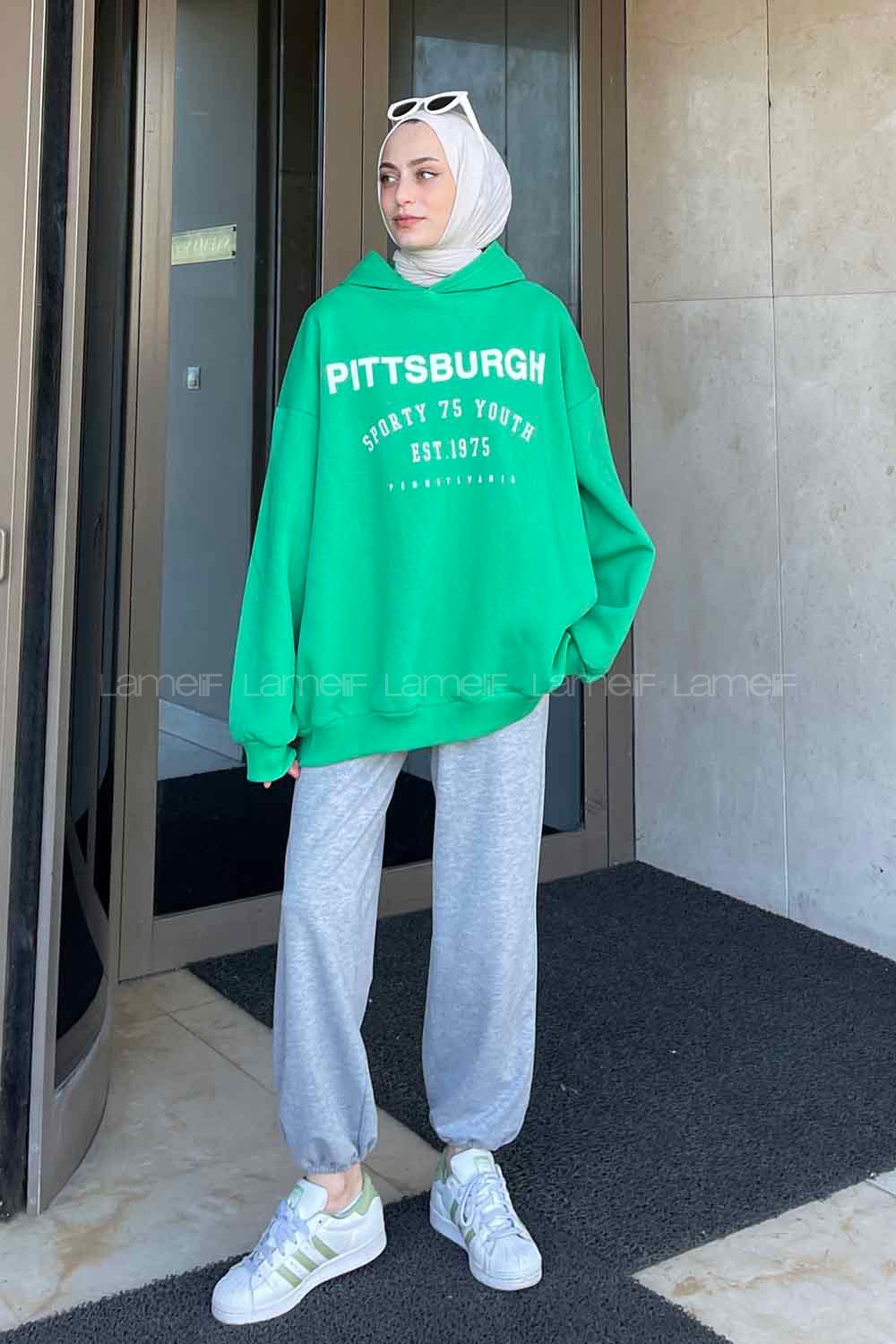 Green Hood Neck Printed Sweatshirt