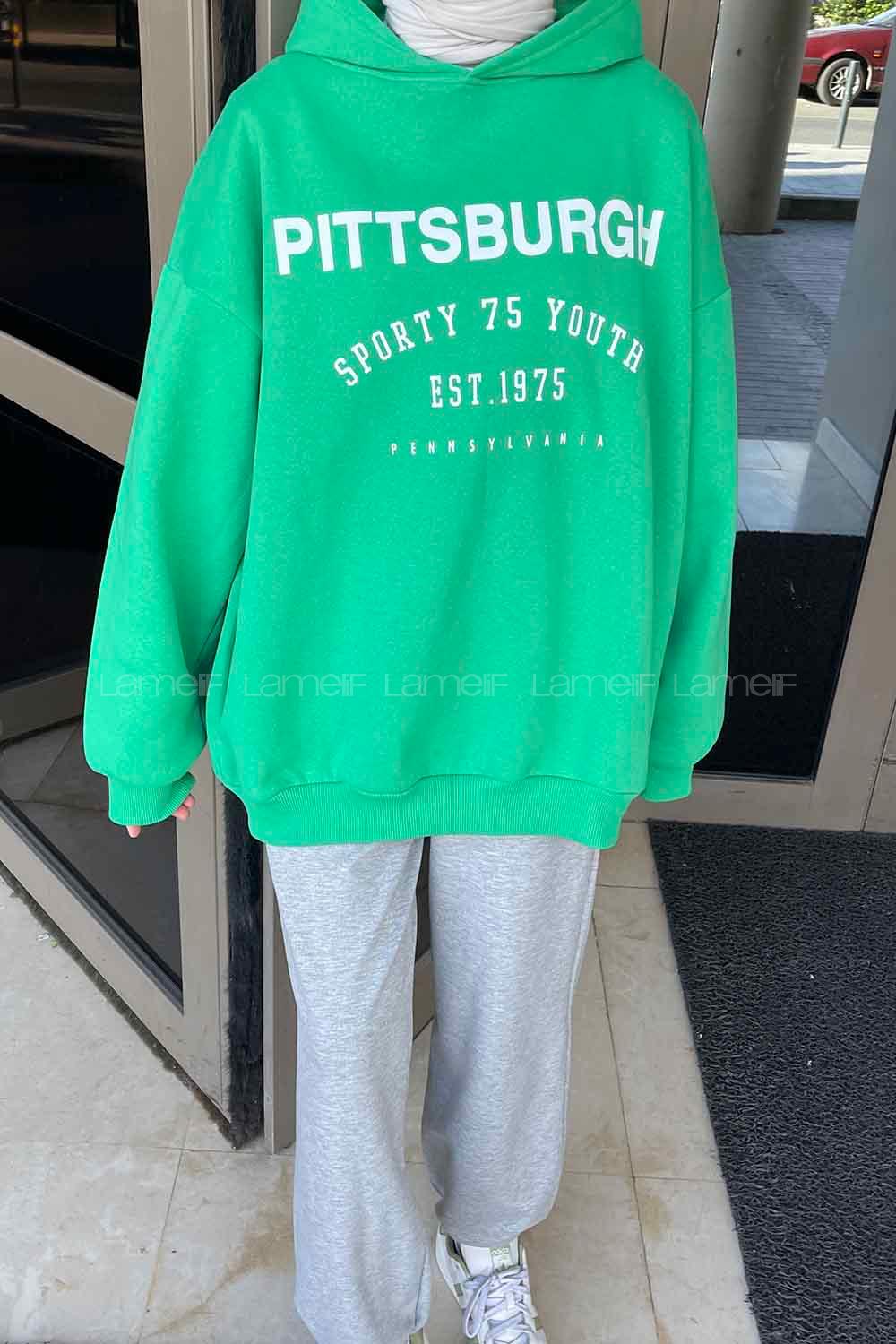 Green Hood Neck Printed Sweatshirt