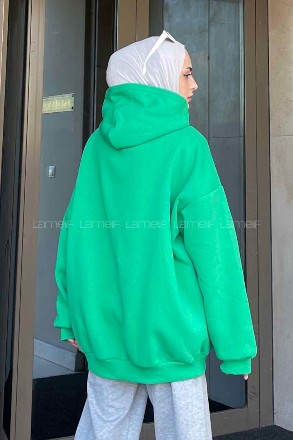 Green Hood Neck Printed Sweatshirt
