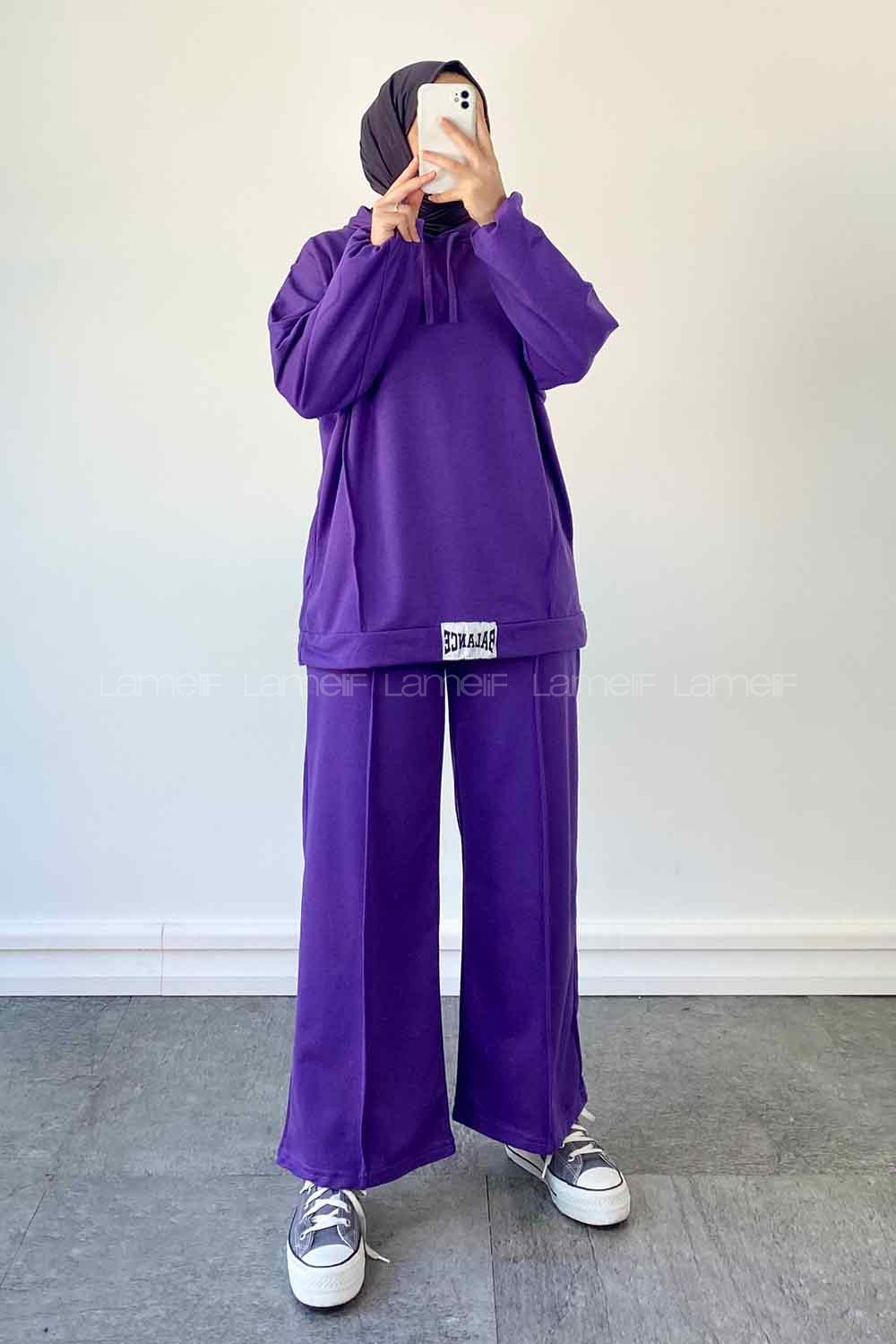 Purble Medium Crew Neck Long Arm Without Accessories Cotton Flared Trousers Comfortable Suit