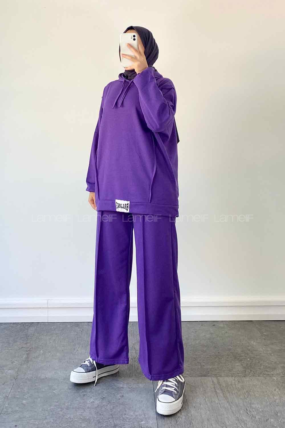 Purble Medium Crew Neck Long Arm Without Accessories Cotton Flared Trousers Comfortable Suit