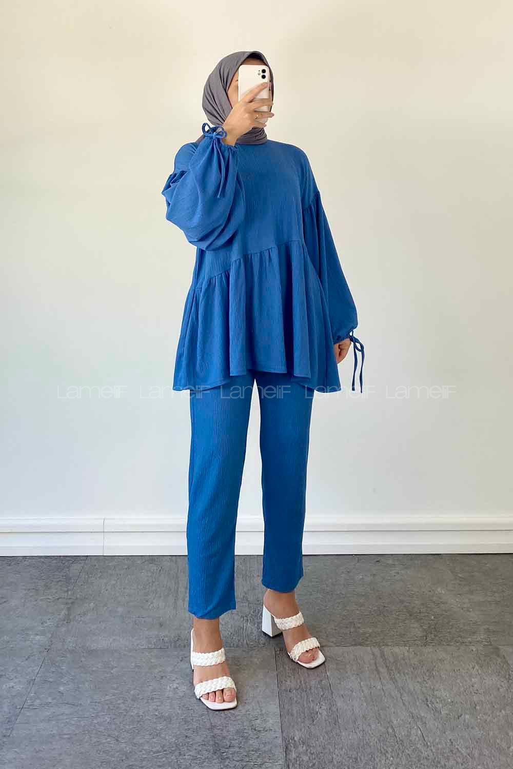 Blue Medium Crew Neck Balloon Sleeve Arm Cotton Cotton Fabric Regular Trousers Comfortable Suit