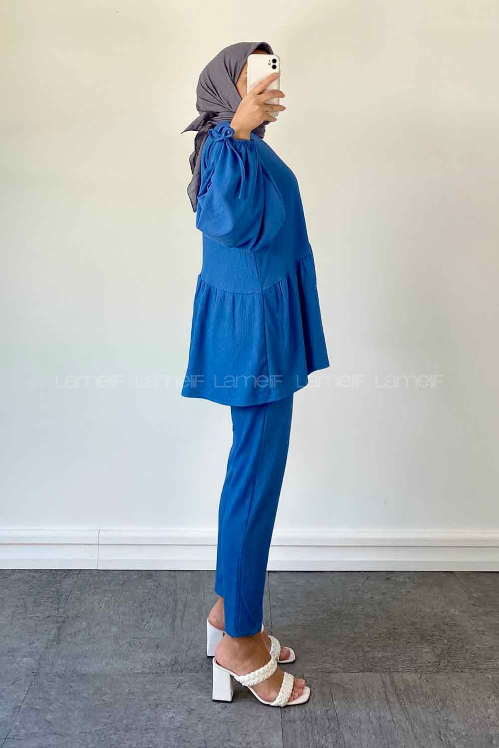 Blue Medium Crew Neck Balloon Sleeve Arm Cotton Cotton Fabric Regular Trousers Comfortable Suit