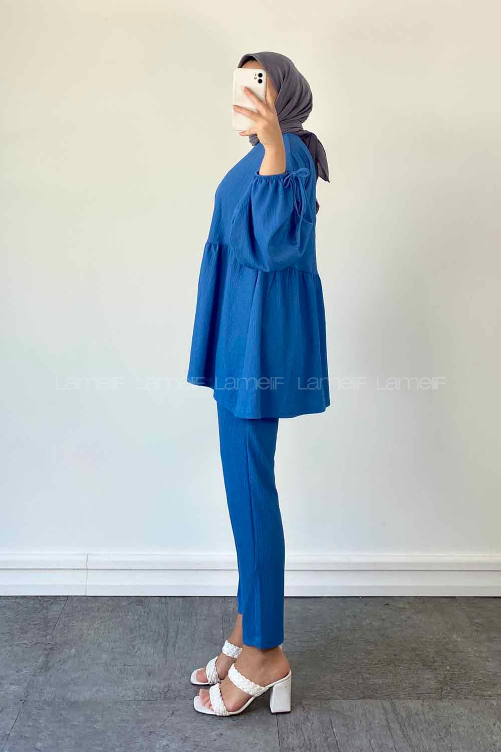 Blue Medium Crew Neck Balloon Sleeve Arm Cotton Cotton Fabric Regular Trousers Comfortable Suit