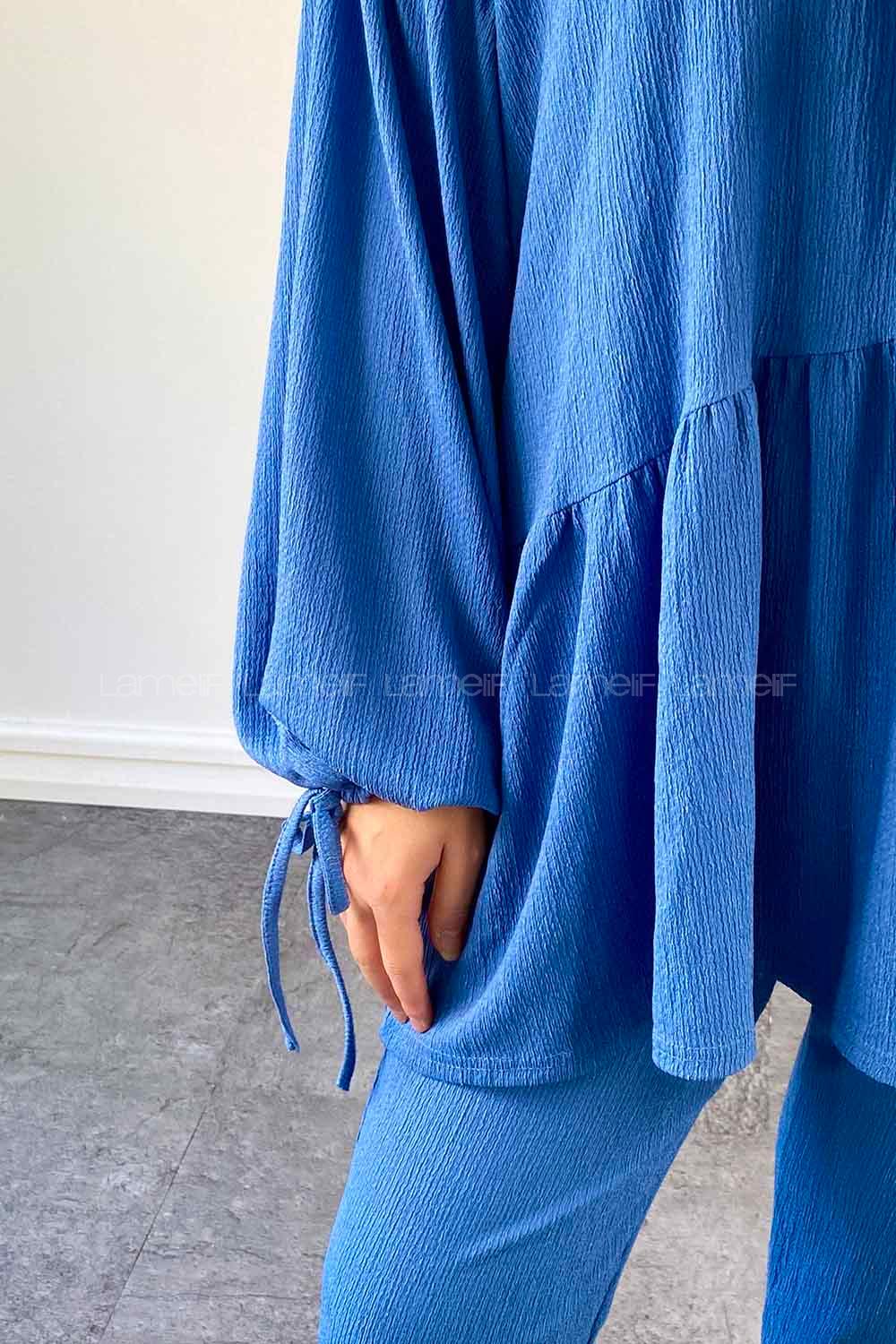Blue Medium Crew Neck Balloon Sleeve Arm Cotton Cotton Fabric Regular Trousers Comfortable Suit