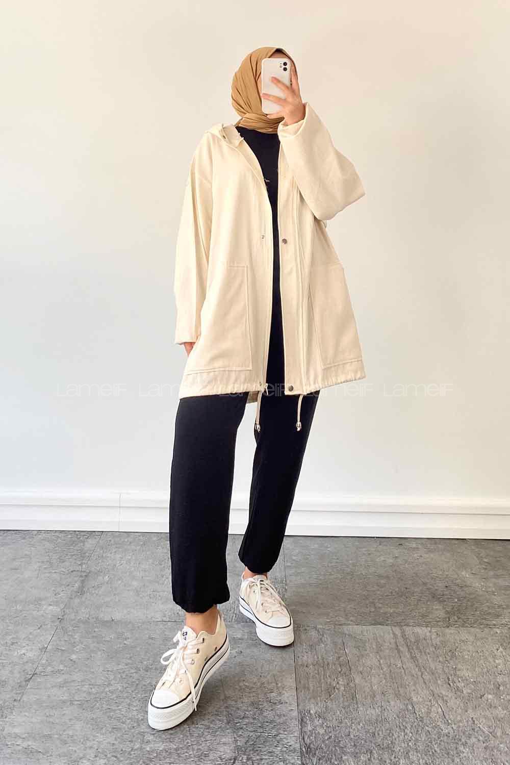 Cream Hood Neck Long Arm Linen Jacket