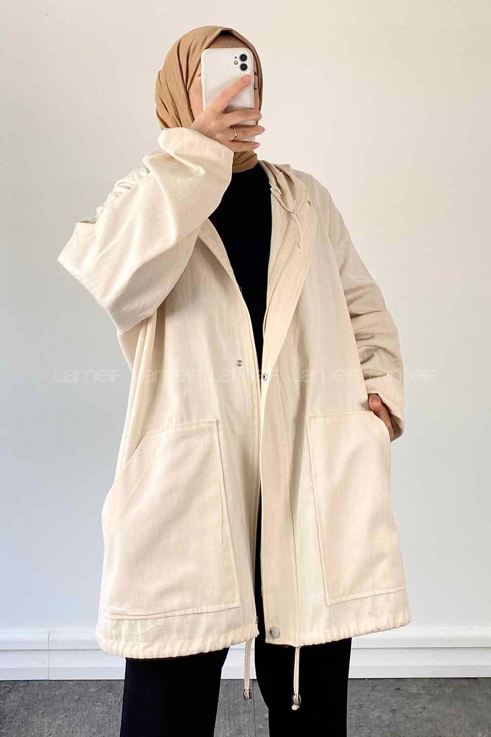 Cream Hood Neck Long Arm Linen Jacket