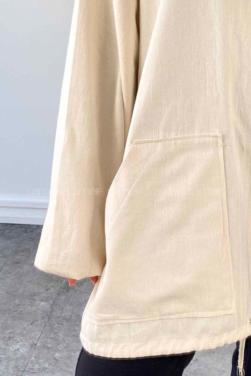 Cream Hood Neck Long Arm Linen Jacket