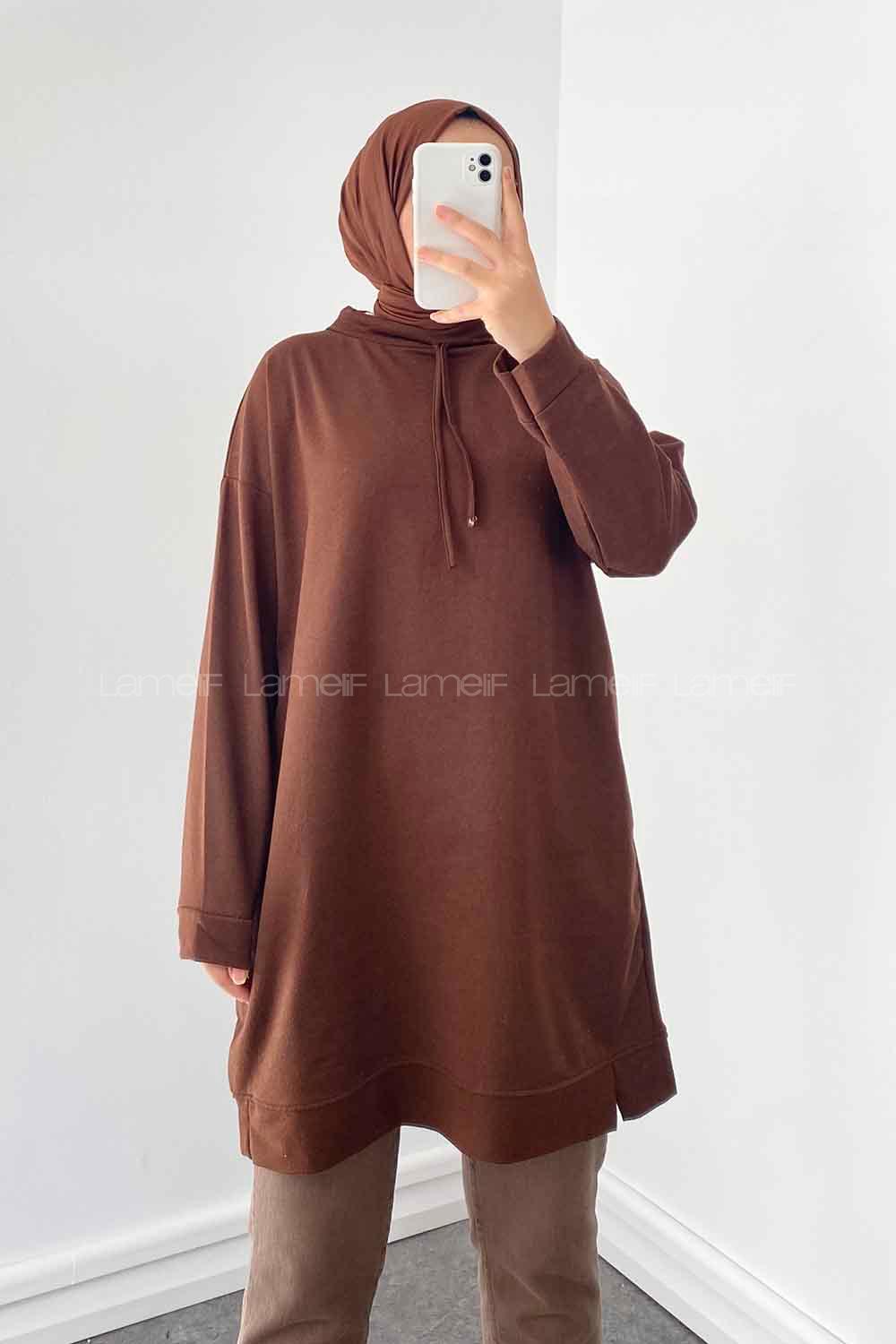 Bitter Brown Mandarin Collar Long Arm Unprinted Sweatshirt