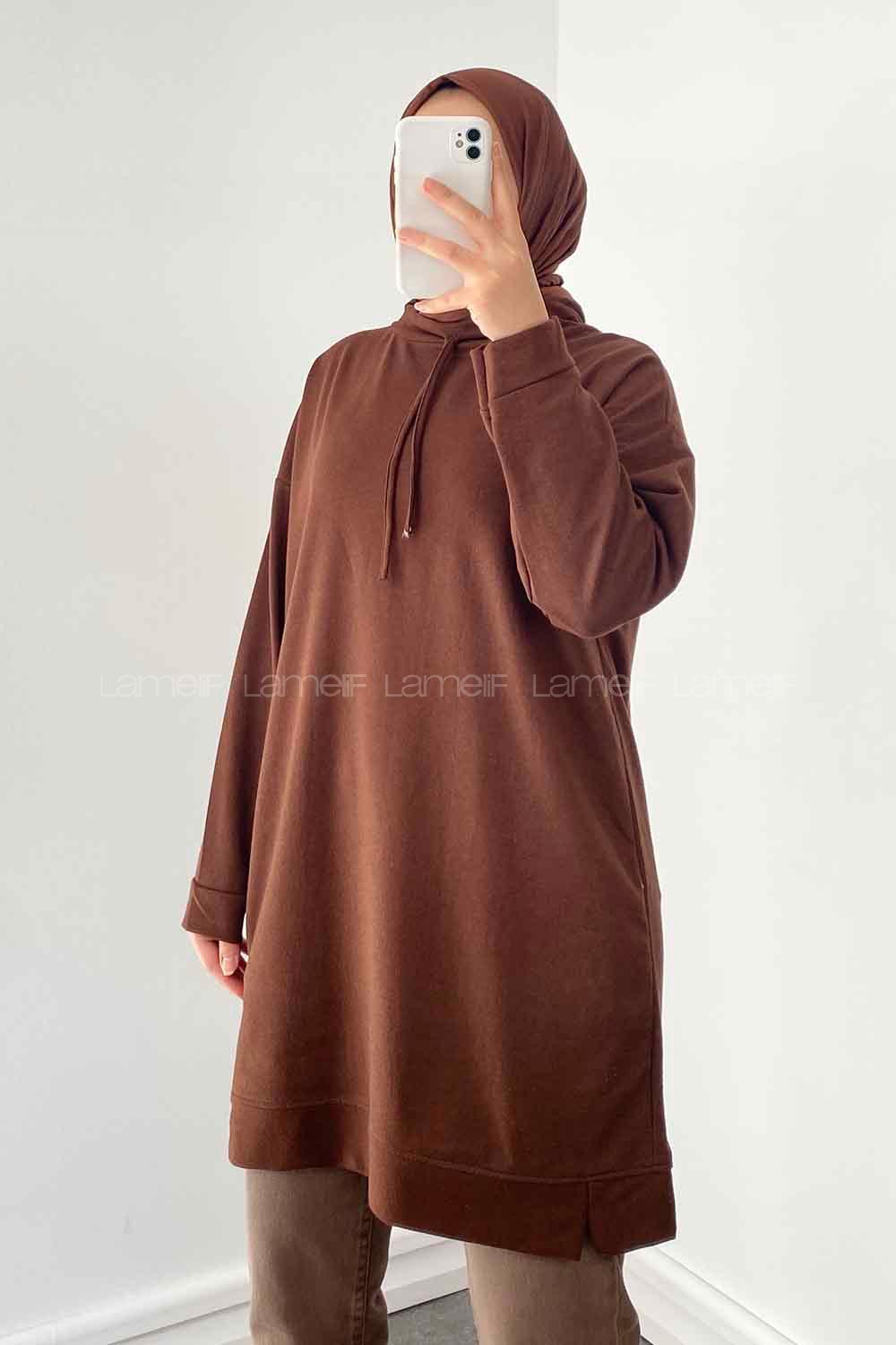 Bitter Brown Mandarin Collar Long Arm Unprinted Sweatshirt