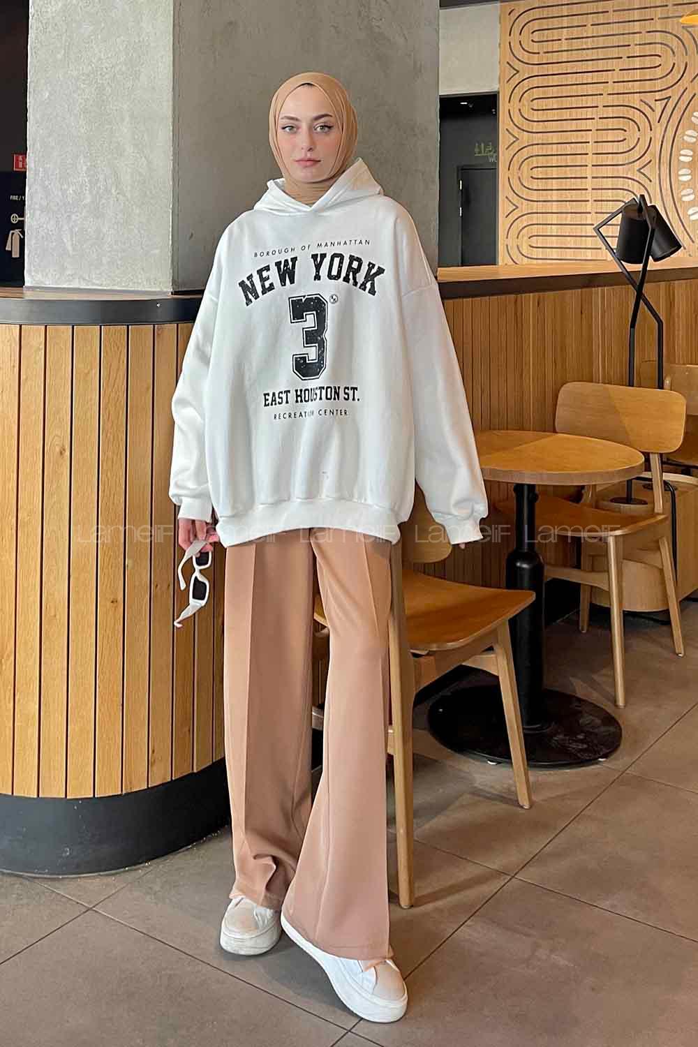 Lamelif New York Baskılı Üç İplik Sweatshirt Beyaz