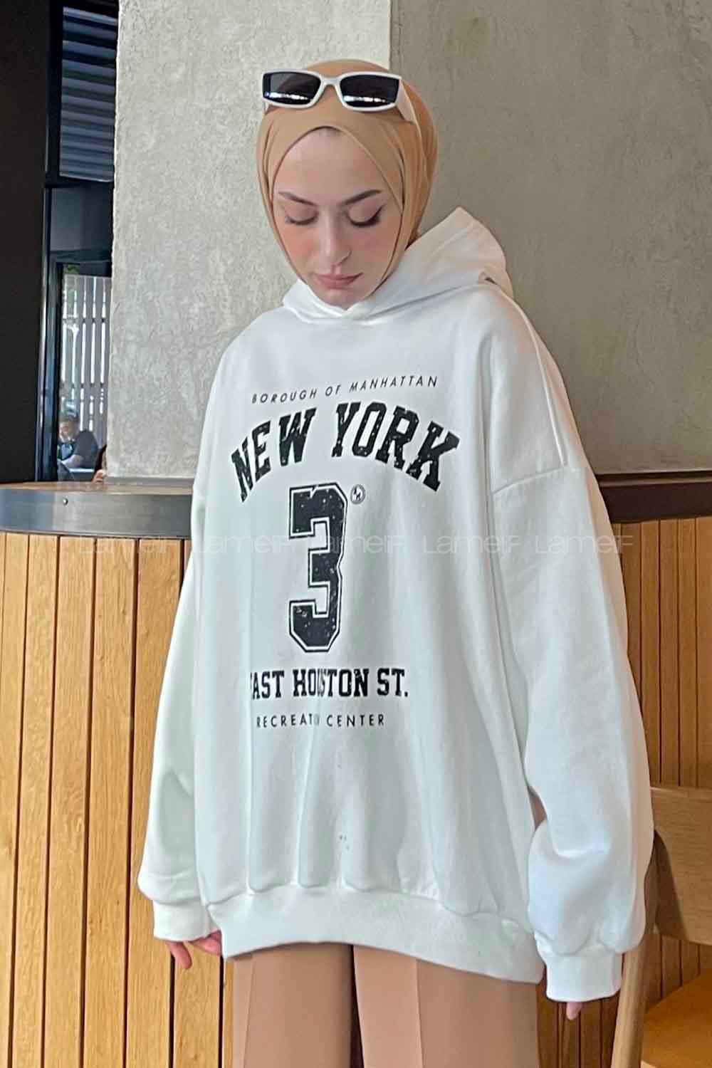 Lamelif New York Baskılı Üç İplik Sweatshirt Beyaz