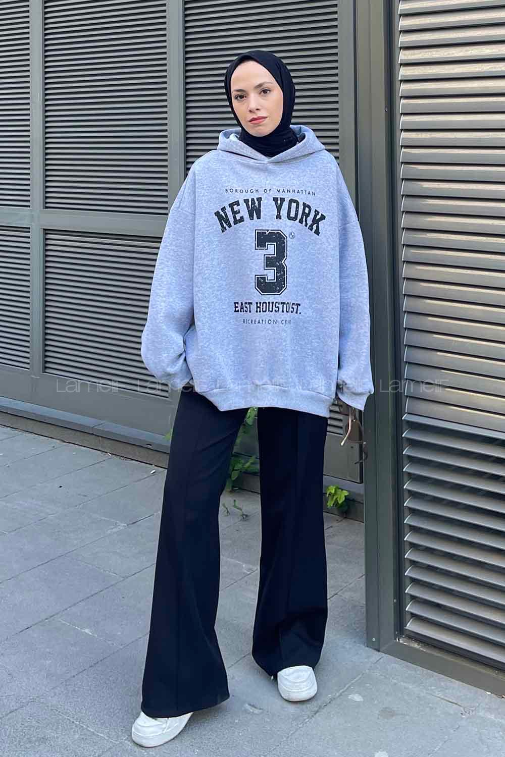 Lamelif New York Baskılı Üç İplik Sweatshirt Gri