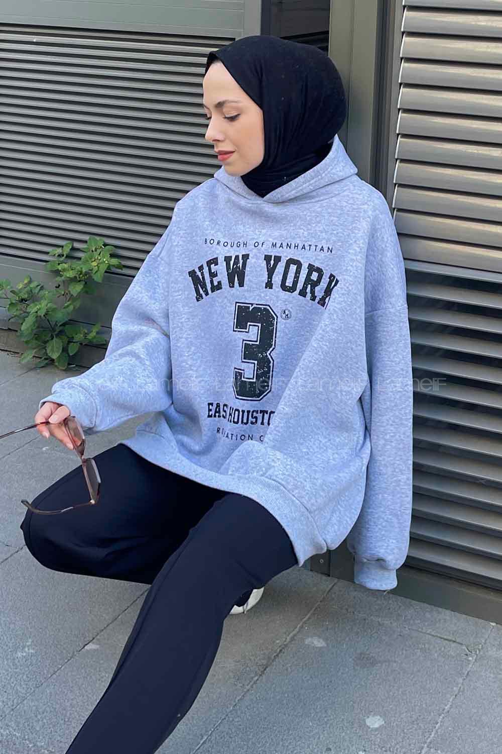 Lamelif New York Baskılı Üç İplik Sweatshirt Gri