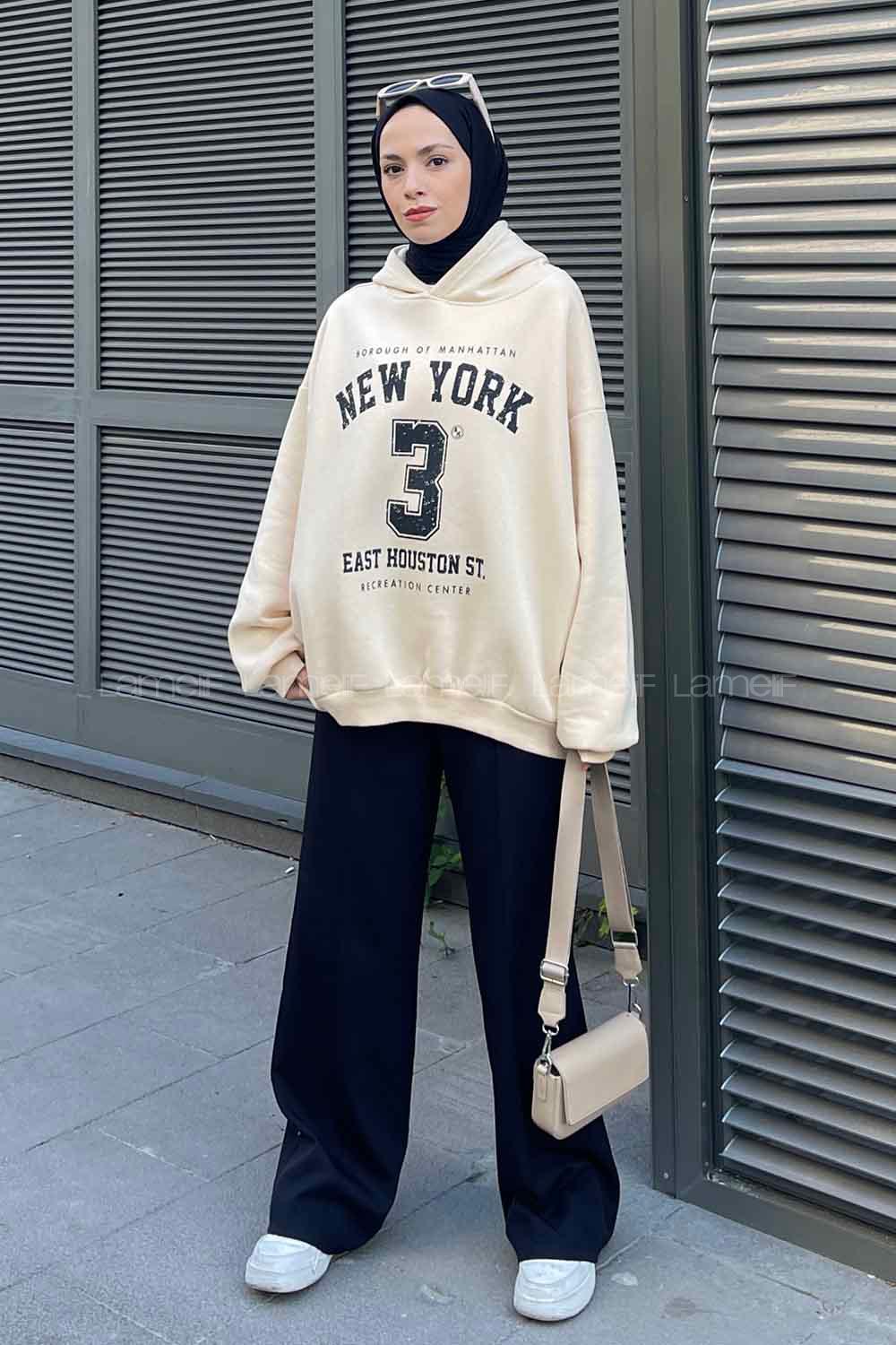 Lamelif New York Baskılı Üç İplik Sweatshirt  Krem
