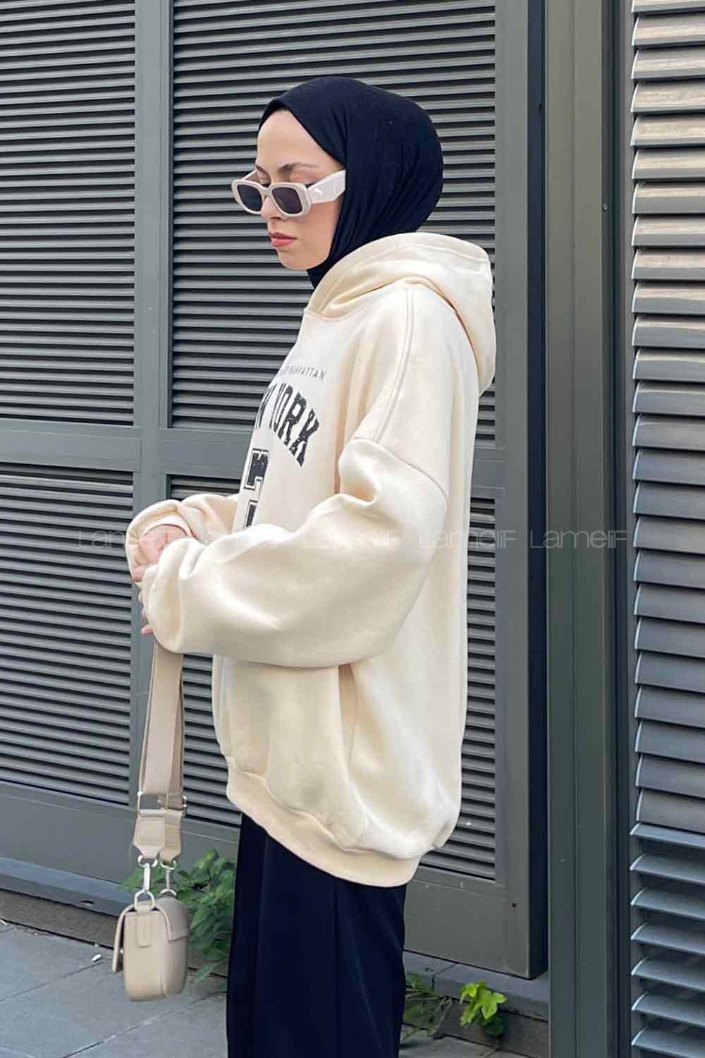 Lamelif New York Baskılı Üç İplik Sweatshirt  Krem