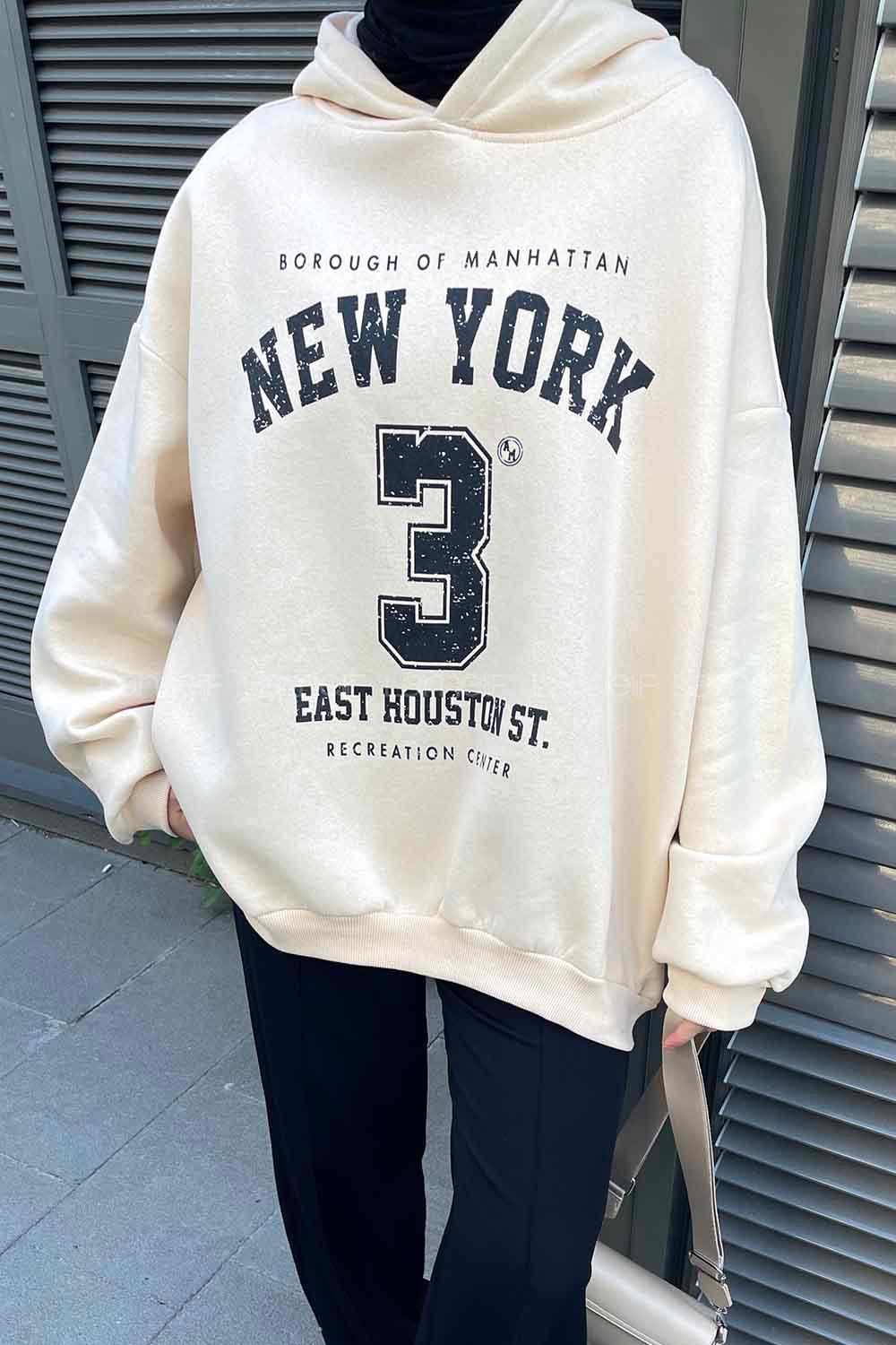 Lamelif New York Baskılı Üç İplik Sweatshirt  Krem