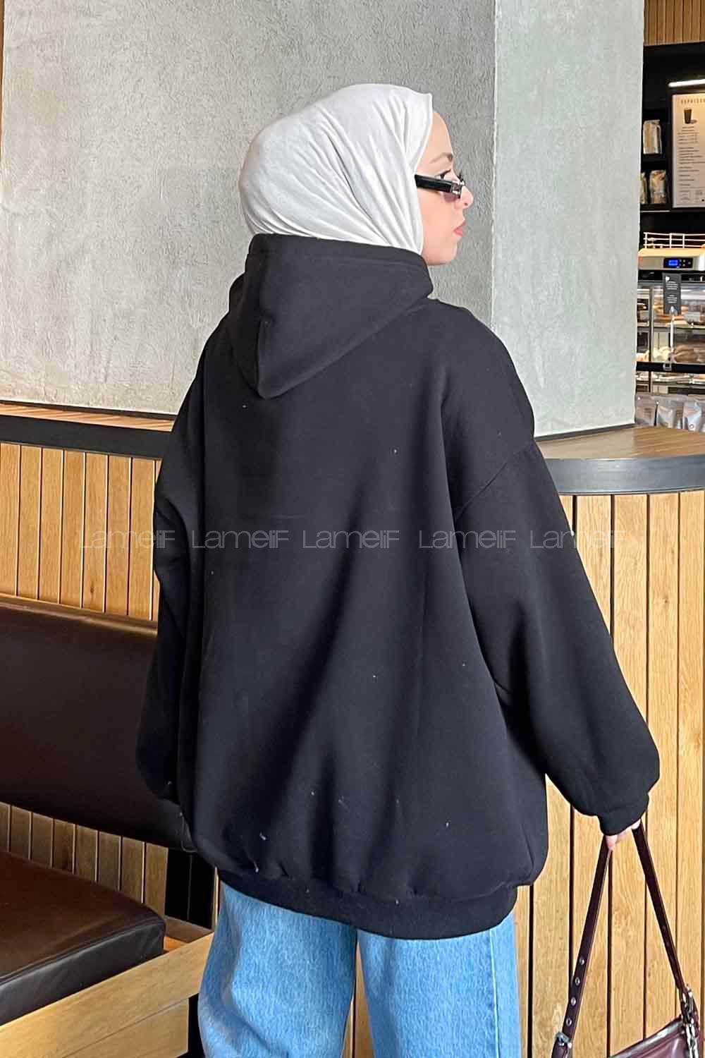 Black Hood Neck Long Arm Printed Sweatshirt