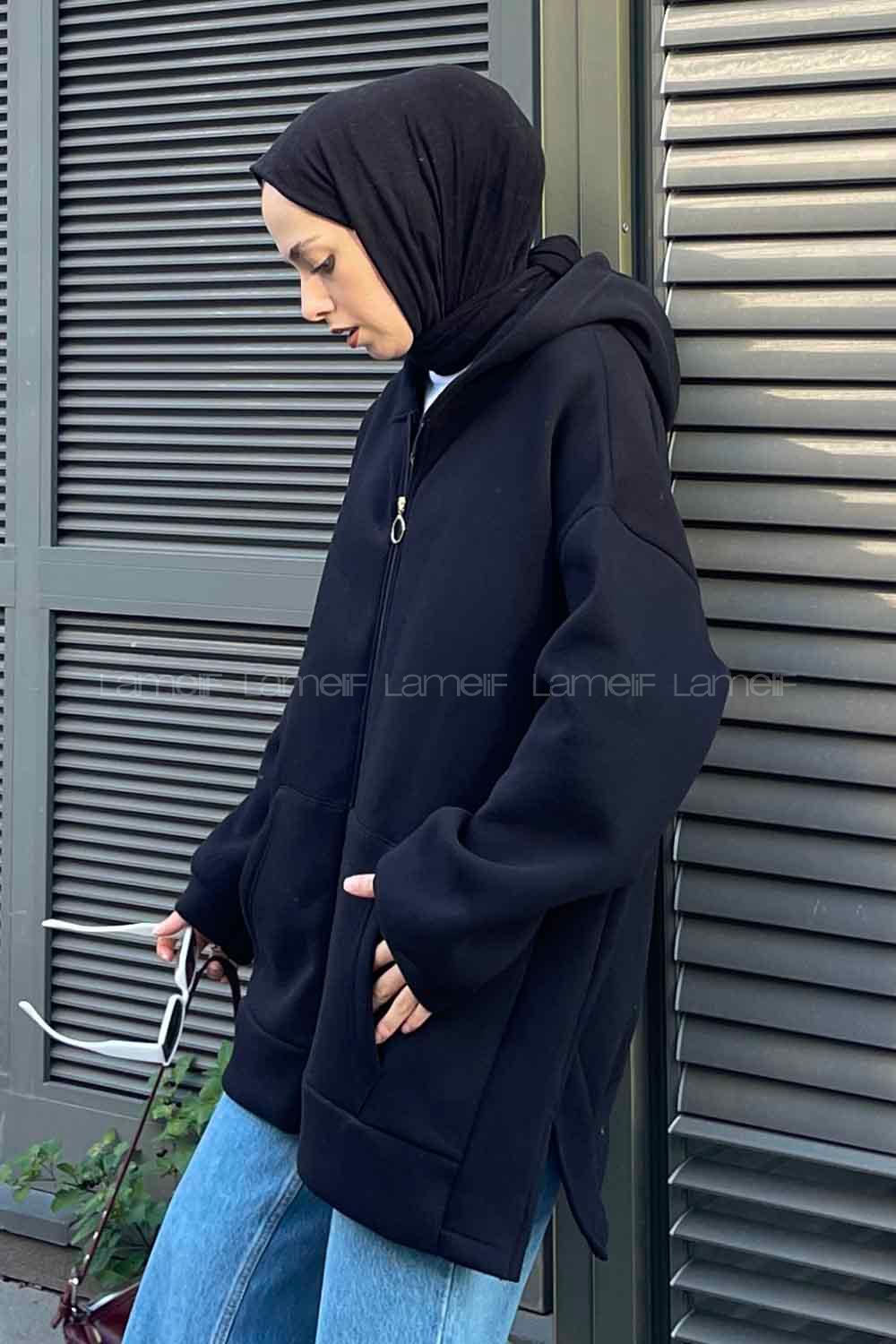 Lamelif Önü Fermuarlı Yan Yırtmaçlı Üç İplik Sweat Siyah