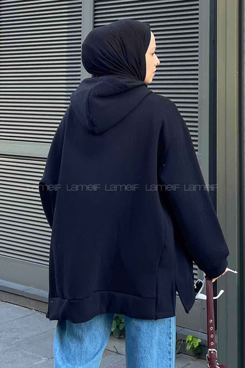 Lamelif Önü Fermuarlı Yan Yırtmaçlı Üç İplik Sweat Siyah