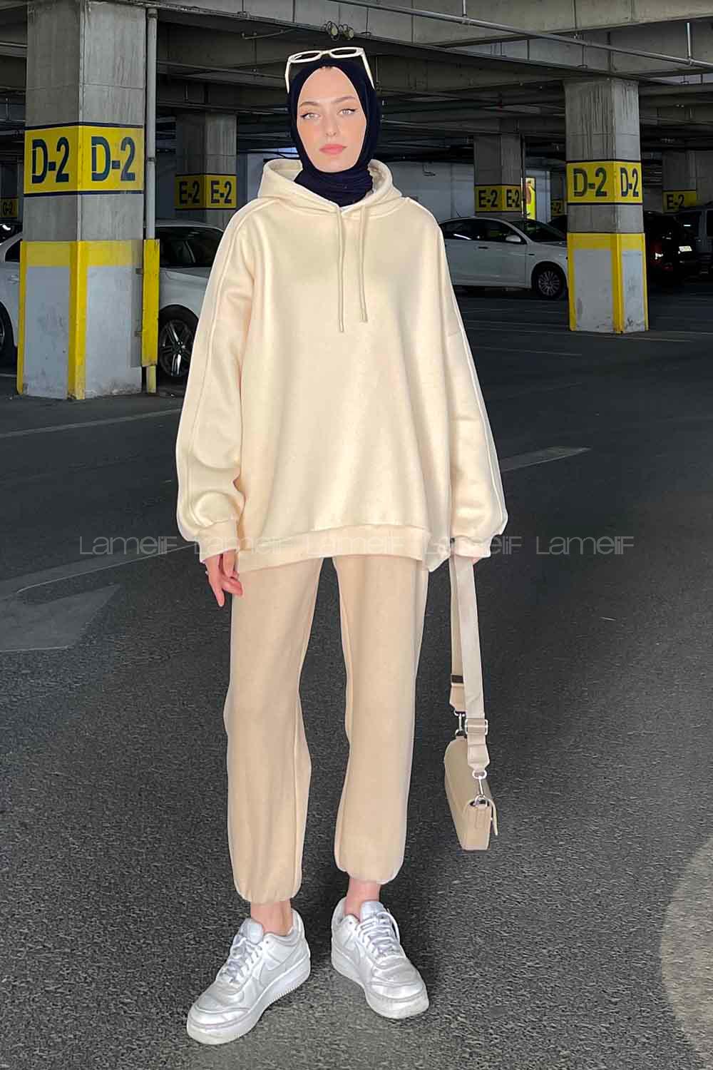 Lamelif Kapşonlu Oversize Yan Cepli Sweat Krem