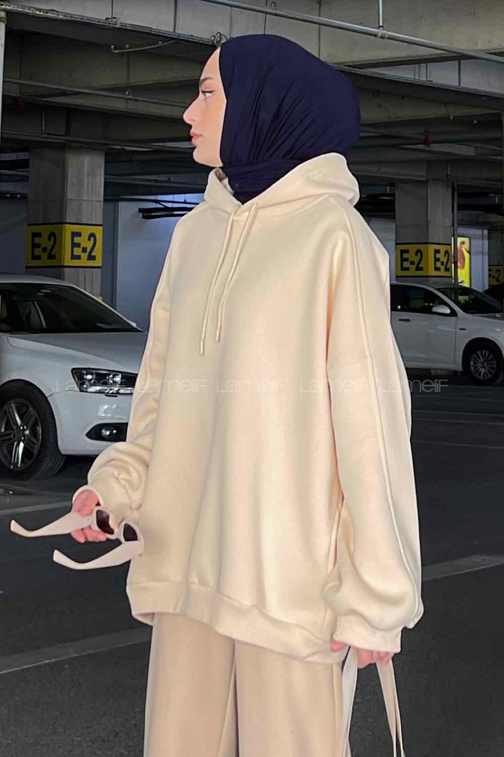Lamelif Kapşonlu Oversize Yan Cepli Sweat Krem