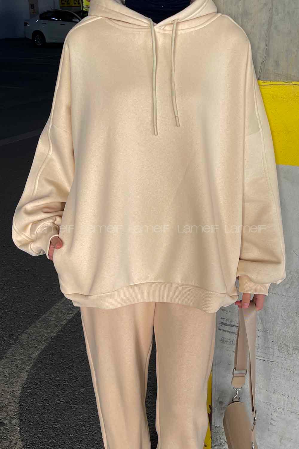 Lamelif Kapşonlu Oversize Yan Cepli Sweat Krem