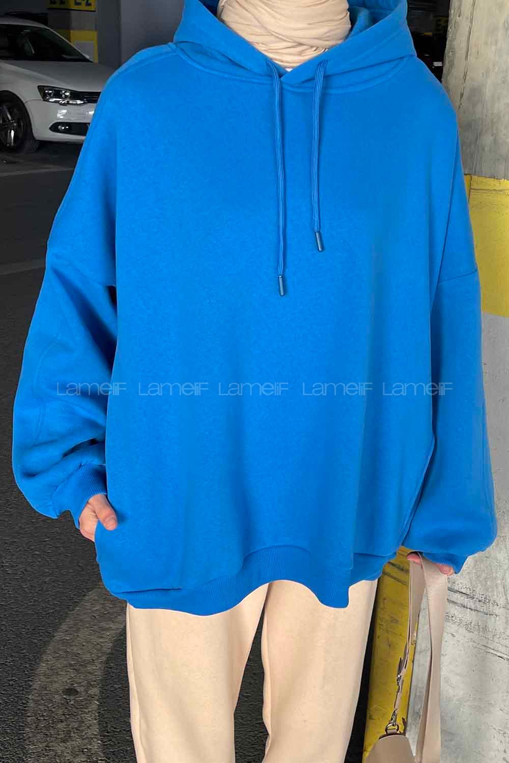 Lamelif Kapşonlu Oversize Yan Cepli Sweat Saks Mavi