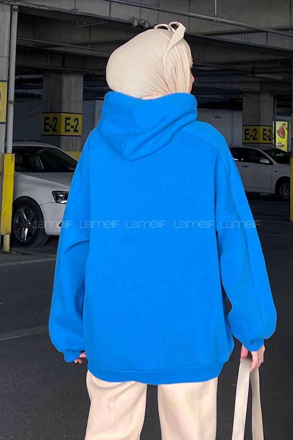 Lamelif Kapşonlu Oversize Yan Cepli Sweat Saks Mavi