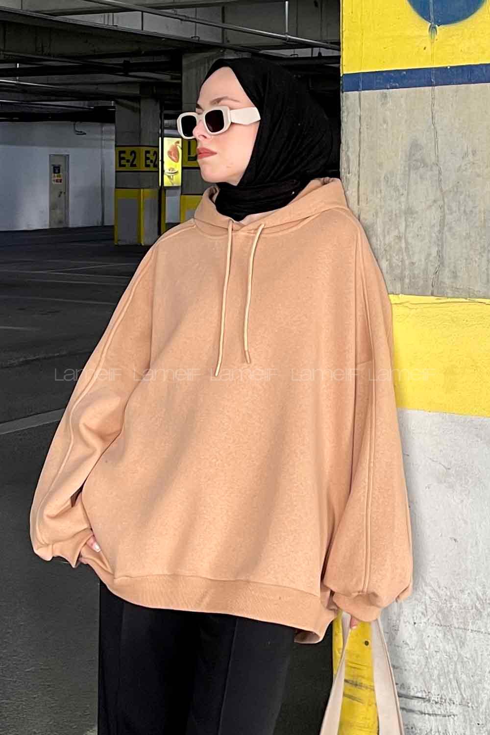 Lamelif Kapşonlu Oversize Yan Cepli Sweat Sütlü Kahve