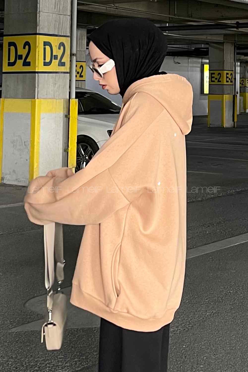 Lamelif Kapşonlu Oversize Yan Cepli Sweat Sütlü Kahve