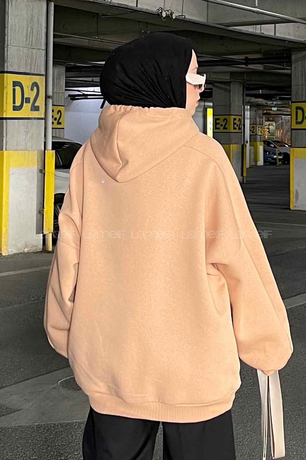 Lamelif Kapşonlu Oversize Yan Cepli Sweat Sütlü Kahve