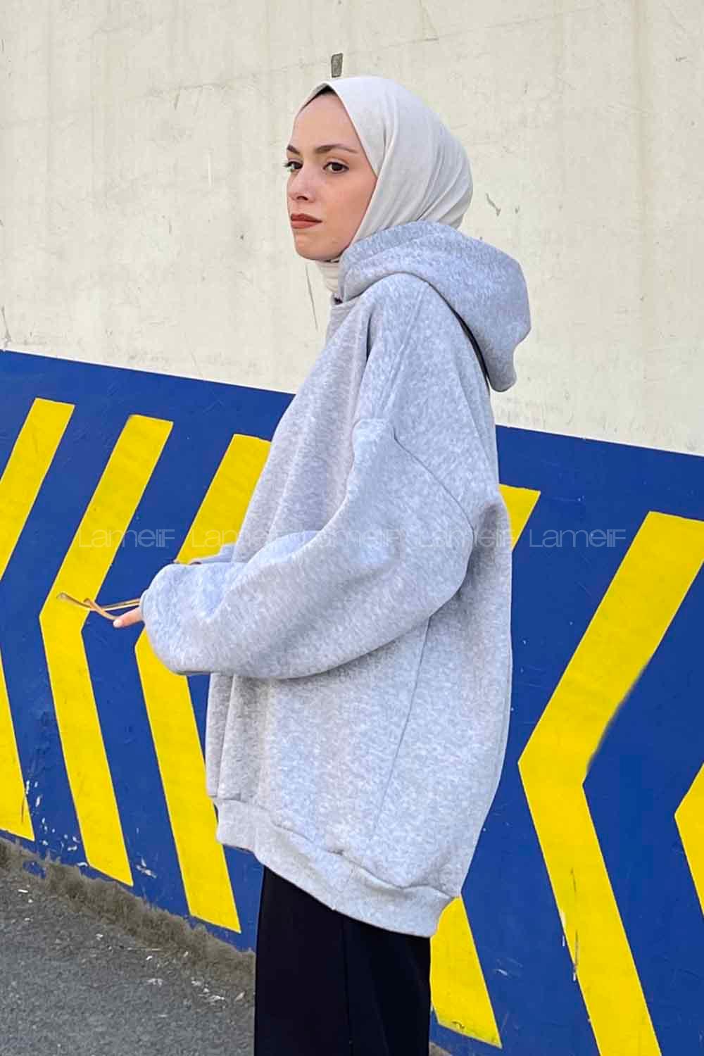 Gray Hood Neck Long Arm Unprinted Sweatshirt