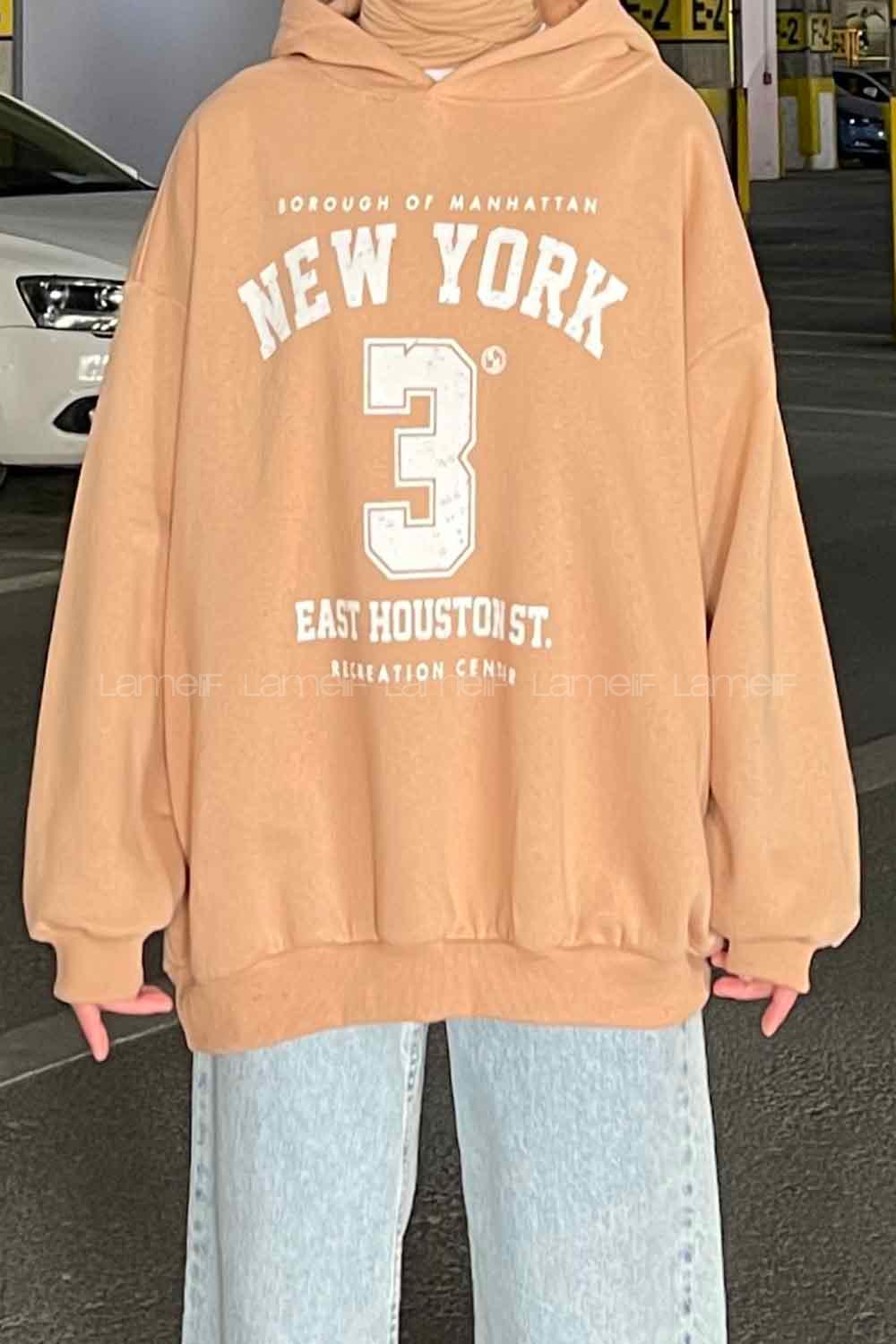 Brown With Milk Hood Neck Long Arm Printed Sweatshirt